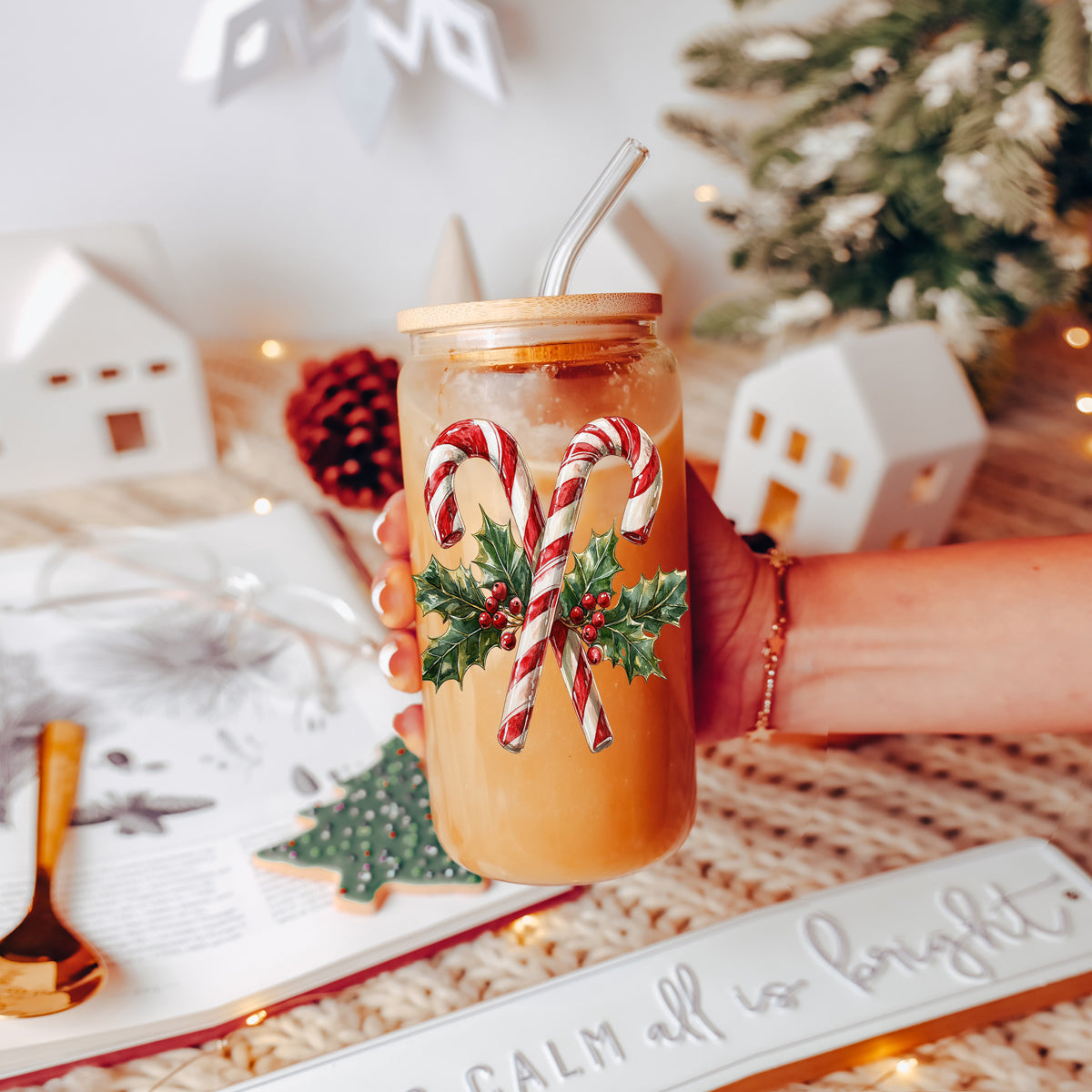 Vintage Christmas glass cup 17oz - Classic candy cane holly holiday tumbler bamboo lid glass straw - Traditional gift